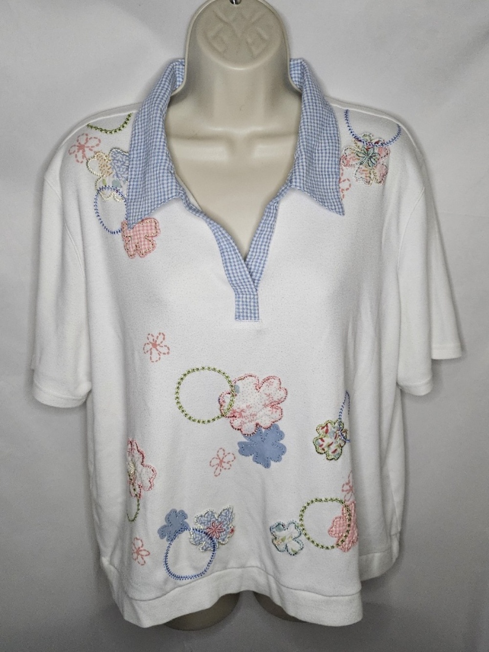 Koret VTG Grandma Coquette Gingham Collar Floral Mixed Media Embroidery Shirt XL